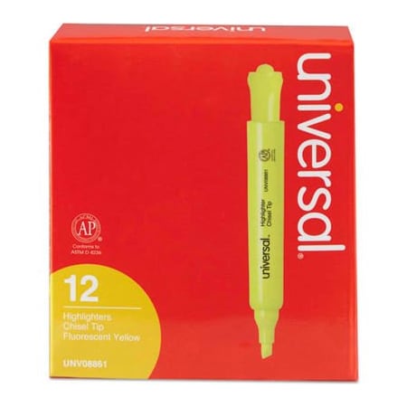 Universal Products Desk Highlighter, Chisel Tip, Pocket Clip, Fluorescent Yellow, Dozen 8861
